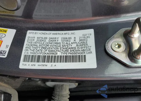 2019 Honda Accord Sport from USA, damaged, VIN 1HGCV1F33KA059628